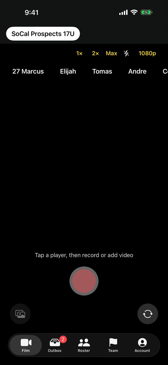The coach app's camera: tap a player on the team, then record