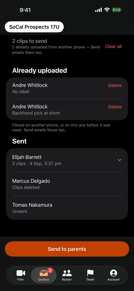 The coach app: the team, and clips waiting to send to parents
