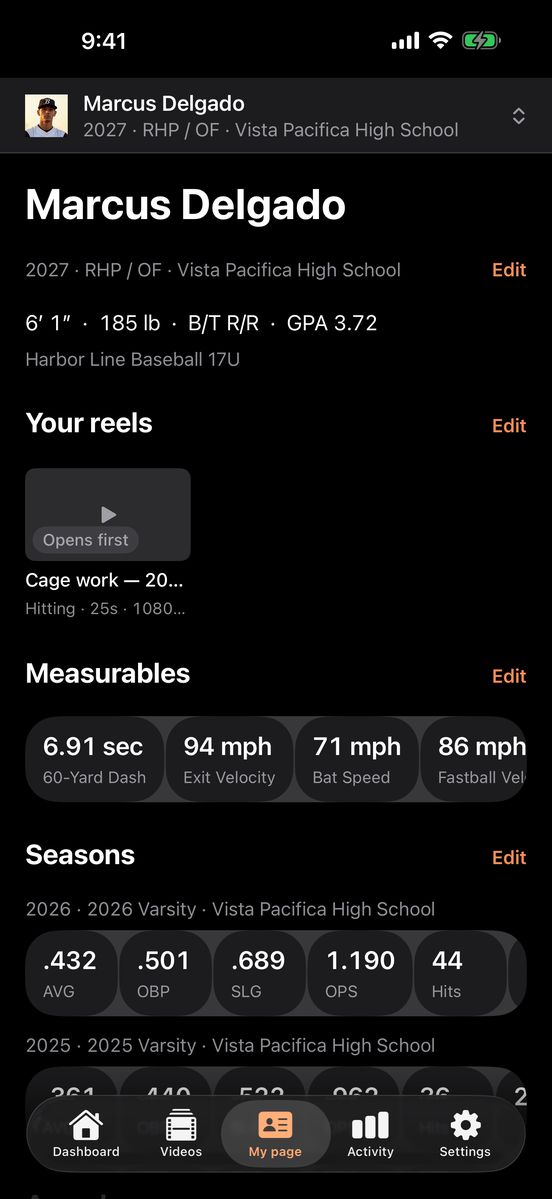 The same page in the app: measurables, a reel that opens first, and two varsity seasons of stats