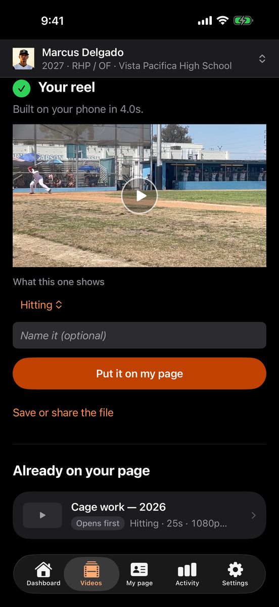 The reel screen: a reel built on the phone in seconds, ready to put on the page