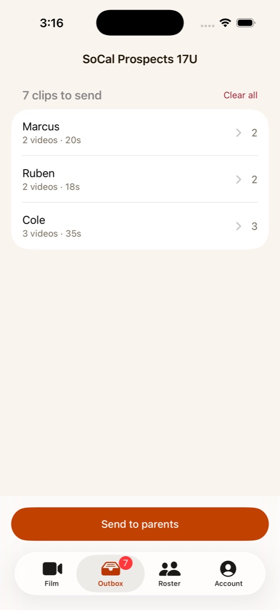 The coach app's outbox: three players with the clips filmed for each — two videos for Marcus, two for Ruben, three for Cole — and one Send to parents button underneath.