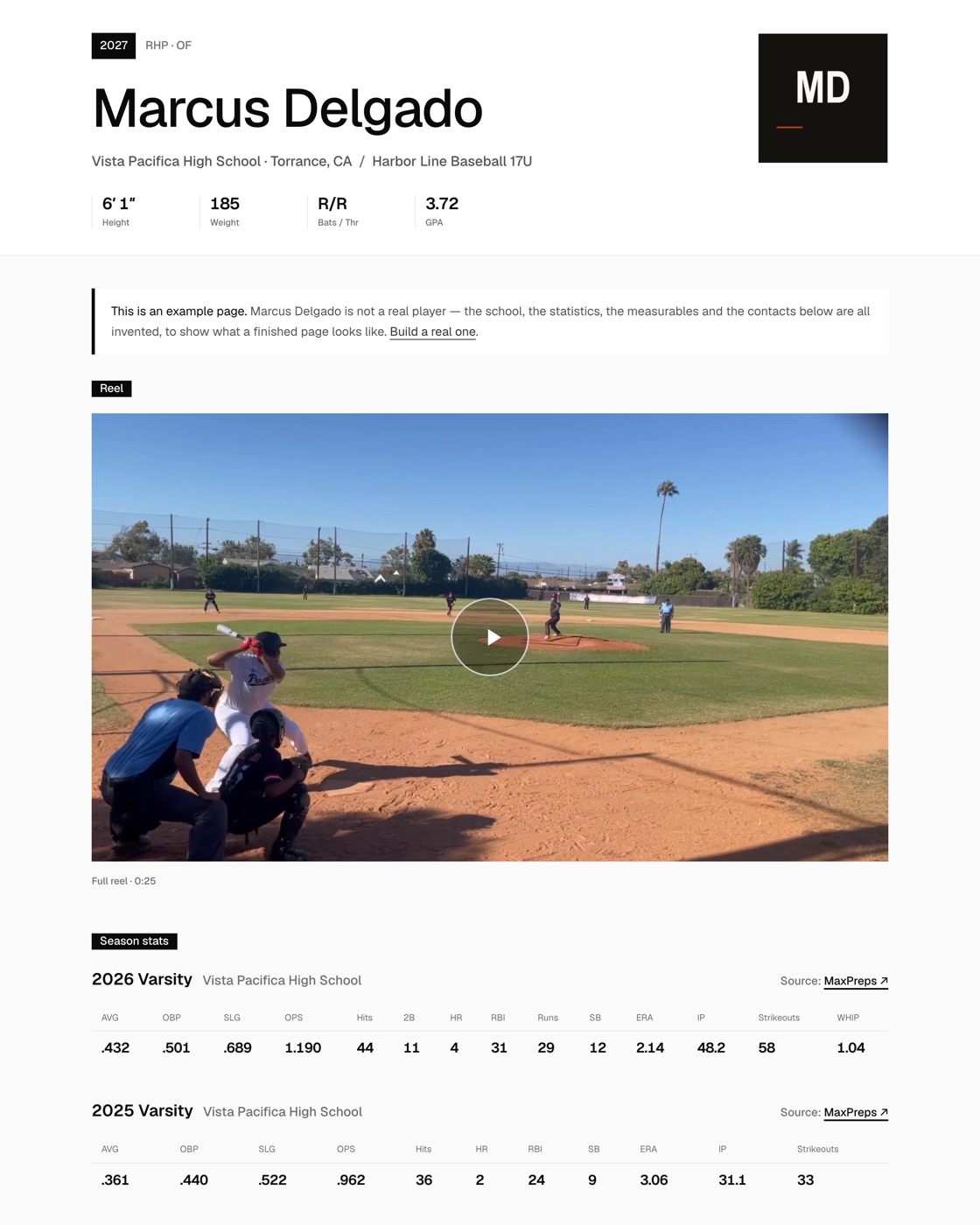 A finished scout page: name, school, club, height, weight, bats and throws, GPA, a highlight reel ready to play, and two seasons of batting and pitching statistics.